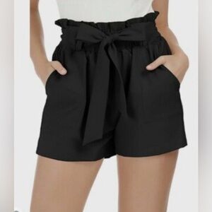Grace Karin | Medium | High Waisted Paper Bag Black Shorts with Bowknot Tie Belt